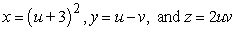 Find an equation of the tangent plane to the parametric surface at the indicated point. S is defined by   ; at u = -4 and v = -1 A)    B)    C)    D)   