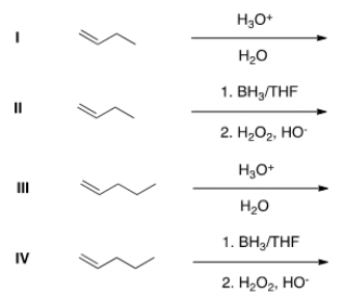 Which of the following would be a reasonable synthesis of 1-butanol?   A)  I B)  II C)  III D)  IV