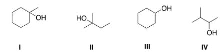 Which of the following alcohols is most likely to yield a carbocation that is susceptible to rearrangements?   A)  I B)  II C)  III D)  IV