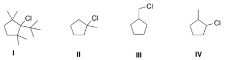 Which of the following is the least reactive substrate in an E2 reaction?   A)  I B)  II C)  III D)  IV