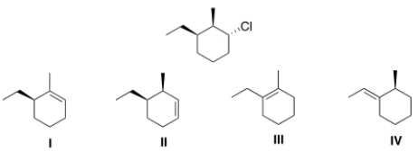 Which of the following is the major E2 product formed from the following alkyl halide?   A)  I B)  II C)  III D)  IV