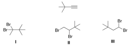 Which of the following is the dihalide that can be used to prepare the alkyne below?   A)  I and II B)  II and III C)  I and III D)  I, II and III