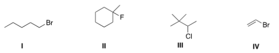 Which of the following alkyl halides is a primary alkyl halide?   A)  I B)  II C)  III D)  IV