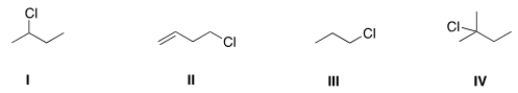 Which of the following alkyl halides will react fastest with CH<sub>3</sub>OH in an S<sub>N</sub>1 mechanism?   A)  I B)  II C)  III D)  IV
