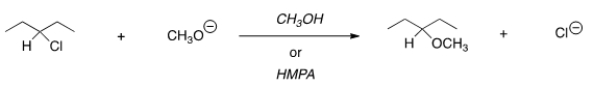 For the following reaction, use the identity of the alkyl halide and nucleophile to determine which substitution mechanism occurs. Then determine which solvent affords the faster reaction.   A)  S<sub>N</sub>1, CH<sub>3</sub>OH B)  S<sub>N</sub>1, HMPA C)  S<sub>N</sub>2, CH<sub>3</sub>OH D)  S<sub>N</sub>2, HMPA
