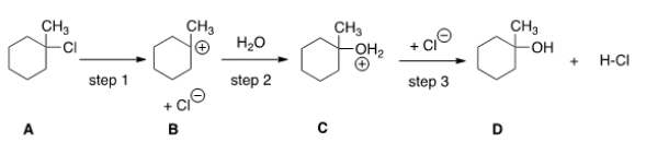 How many transition states and intermediates would the reaction profile have for the reaction shown below?   A)  Three transition states and three intermediates B)  Two transition states and two intermediates C)  Three transition states and two intermediates D)  Two transition states and three intermediates