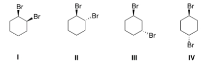 Which of the following molecules are chiral?   A)  II, III B)  I, II C)  I, IV D)  III, IV
