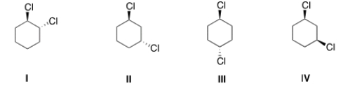 Which of the following compounds has a plane of symmetry?   A)  I and II B)  II and III C)  II, III and IV D)  III and IV