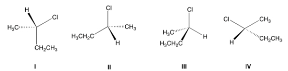 Which of the following structures has a different configuration from the other three?   A)  I B)  II C)  III D)  IV
