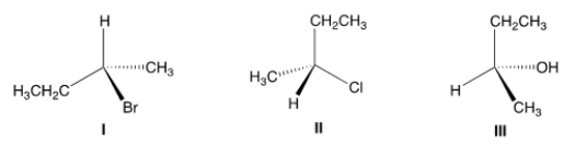 Which of the following structures has the R configuration?   A)  Only I B)  Only II C)  Only I and II D)  I, II and III