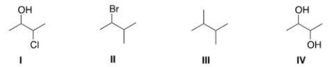 Which of the following compounds can have a meso stereoisomer?   A)  I B)  II C)  III D)  IV