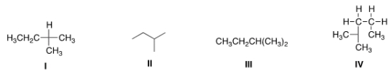 Which of the following is not another representation for 2-methylbutane?   A)  I B)  II C)  III D)  IV