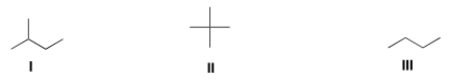 Rank the following alkanes in order of increasing melting point, putting the alkane with the lowest melting point first.   A)  I < III < II B)  I < II < III C)  II < III < I D)  III < II < I