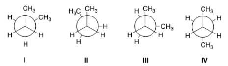 Rank the conformers of butane in order of decreasing stability, putting the most stable first.   A)  IV > I > II > III B)  IV > I > III > II C)  II > III > I > IV D)  I > IV > II > III