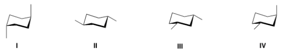 Which of the following chair conformations represents trans-1,3-dimethylcyclohexane?   A)  I B)  II C)  III D)  IV