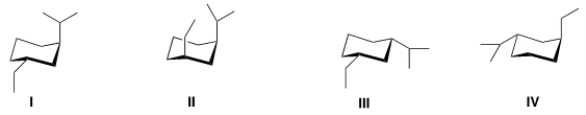 Which of the following is the most stable conformation of cis-1-ethyl-3-isopropylcyclohexane?   A)  I B)  II C)  III D)  IV