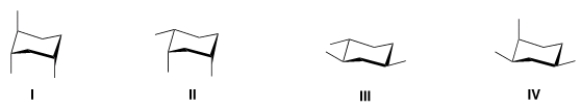 Rank the conformers of 1,2,4-trimethylcyclohexane in order of decreasing stability, putting the most stable first.   A)  I > II > III > IV B)  III > II > IV > I C)  III > IV > II > I D)  I > II > IV > III