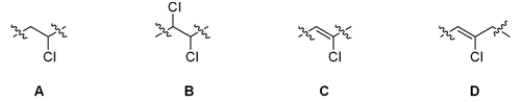 Which of the following is the repeating unit in polyvinyl chloride (PVC) ?   A)  A B)  B C)  C D)  D