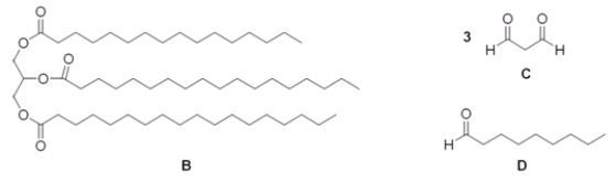 Triacylglycerol A yields compound B when treated with excess H<sub>2</sub>, Pd-C. Ozonolysis of A affords three molecules of compound C and one molecule of compound D. What is the structure of A?   Choices for Triglycerol A:   A)  A B)  B C)  C D)  D