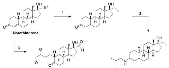 -Norethindrone is a synthetic steroid that is better than progesterone in suppressing ovulation. What reagents (1-3)  are required to convert norethindrone to the derivatives shown below?   A)  (1)  H<sub>2</sub>, Pd-C; (2)  (CH<sub>3</sub>) <sub>2</sub>CHCH<sub>2</sub>NH<sub>2</sub>, NaBH<sub>3</sub>CN; (3)  a. O<sub>3</sub>, b. Zn, DMS B)  (1)  H<sub>2</sub>, Pd-C; (2)  (CH<sub>3</sub>) <sub>2</sub>CHCH<sub>2</sub>NH<sub>2</sub>, mild acid; (3)  a. O<sub>3</sub>, b. Zn, DMS C)  (1)  a. LiAlH<sub>4</sub>, b. H<sub>2</sub>O; (2)  (CH<sub>3</sub>) <sub>2</sub>CHCH<sub>2</sub>NH<sub>2</sub>, NaBH<sub>3</sub>CN; (3)  a. OsO<sub>4</sub>, b. NaHSO<sub>3</sub> D)  (1)  a. LiAlH<sub>4</sub>, b. H<sub>2</sub>O; (2)  (CH<sub>3</sub>) <sub>2</sub>CHCH<sub>2</sub>NH<sub>2</sub>, mild acid; (3)  a. OsO<sub>4</sub>, b. NaHSO<sub>3</sub>