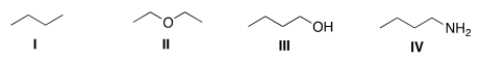 Which of the following compounds would be expected to be more soluble in hexane (C<sub>6</sub>H<sub>14</sub>) ?   A)  I B)  II C)  III D)  IV