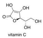 Which of the following statements about vitamin C, drawn below, are true?   A)  Vitamin C is insoluble in H<sub>2</sub>O. B)  Vitamin C is soluble in H<sub>2</sub>O. C)  Vitamin C is an aliphatic hydrocarbon. D)  Vitamin C contains a ketone functional group.