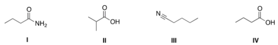 Rank the following compounds in order of decreasing boiling point, putting the compound with the highest boiling point first.   A)  I > III > IV > II B)  IV > II > I > III C)  IV > I > II > III D)  I > IV > II > III