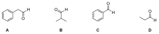 Which of the following aldehydes would be a good starting material in the Strecker synthesis of phenylalanine?   A)  A B)  B C)  C D)  D