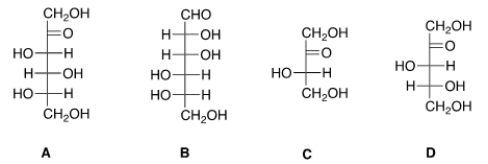 <strong>Which of the following sugars can be classified as a ketotetrose?  </strong> A) A B) B C) C D) D <div style=padding-top: 35px> 