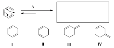 What is the organic product of the following electrocyclic reaction?   A)  I B)  II C)  III D)  IV
