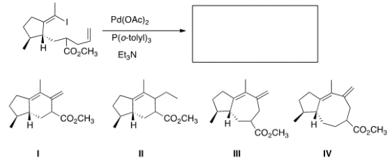 What would be the major organic product of the following Heck reaction?   A)  I B)  II C)  III D)  IV