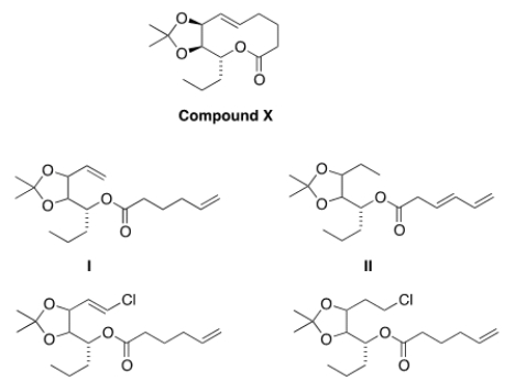 Compound X can be synthesized via a ring-closing metathesis reaction when treated with a Grubbs' catalyst. What is a possible structure of the starting material for this reaction?   A)  I B)  II C)  III D)  IV