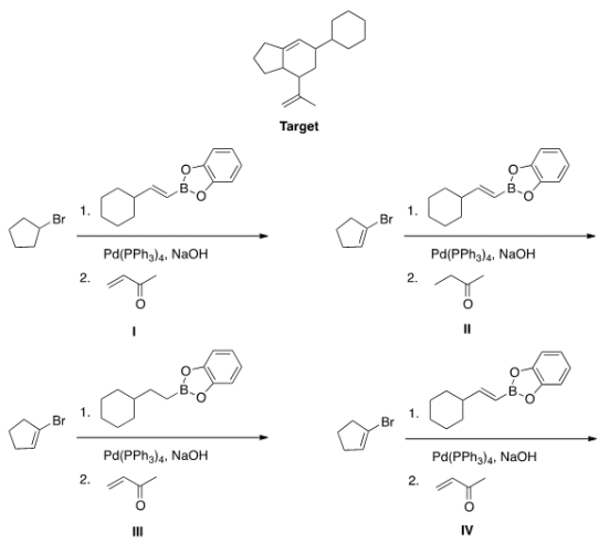 What is the appropriate sequence of starting material and reagents that will produce the target molecule shown below?   A)  I B)  II C)  III D)  IV