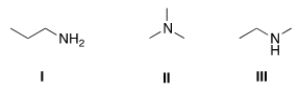 Arrange the following compounds in order of increasing boiling point, putting the compound with the least boiling point first.   A)  I < II < III B)  II < I < III C)  I < III < II D)  II < III < I