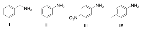 Rank the following compounds in order of increasing basicity, putting the least basic compound first.   A)  III < II < IV < I B)  II < III < IV < I C)  I < IV < II < III D)  III < I < II < IV