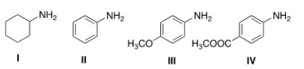Rank the following compounds in order of decreasing basicity, putting the most basic compound first.   A)  II > I > III > IV B)  I > II > III > IV C)  I > III > II > IV D)  IV > II > III > I