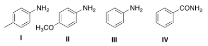 Rank the following compounds in order of decreasing basicity, putting the most basic first.   A)  I > II > III > IV B)  I > III > II > IV C)  IV > III > I > II D)  II > I > III > IV