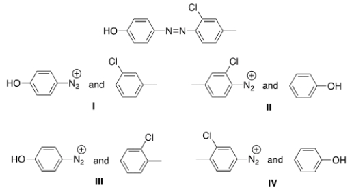 What starting materials are required to synthesize the following azo compound?   A)  I B)  II C)  III D)  IV