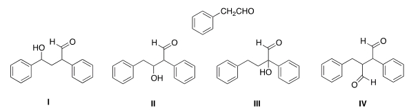 What is the Aldol addition product formed from reaction of the following compound with itself?   A)  I B)  II C)  III D)  IV