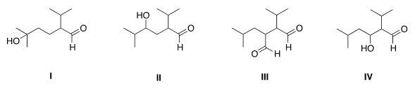 What is the Aldol addition product formed from the reaction of (CH<sub>3</sub>) <sub>2</sub>CHCH<sub>2</sub>CHO with itself?   A)  I B)  II C)  III D)  IV