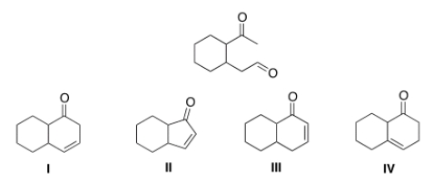 What is the cyclic product formed in the intramolecular Aldol condensation when the following compound is treated with aqueous NaOH?   A)  I B)  II C)  III D)  IV