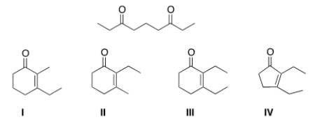 What cyclic product is formed in the intramolecular Aldol condensation when the following compound is treated with aqueous NaOH?   A)  I B)  II C)  III D)  IV