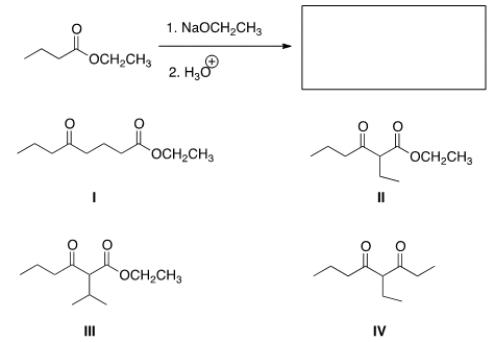 What is the product of the following Claisen reaction?   A)  I B)  II C)  III D)  IV