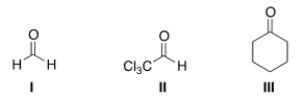 Which of the following compounds can undergo an Aldol with itself?   A)  I B)  II C)  III D)  Both I and II