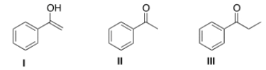 Which is the more stable form of acetophenone?   A)  Only I B)  Only II C)  Only III D)  I and II are equally stable
