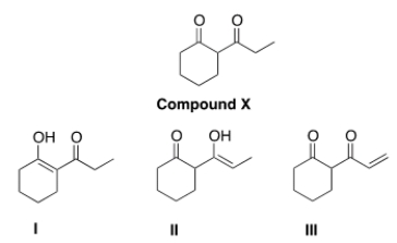 Which of the following compounds is an enol of compound X drawn below?   A)  Only I B)  Only II C)  Only III D)  Only I and II