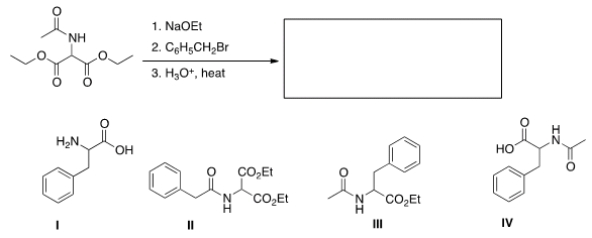 The malonic ester synthesis can be adapted to synthesize <font face= symbol ></font>-amino acids by using diethyl acetamidomalonate as the starting material. Select the structure of the amino acid produced by the following synthesis.   A)  I B)  II C)  III D)  IV