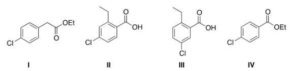 What is the structure for ethyl 4-chlorobenzoate?   A)  I B)  II C)  III D)  IV