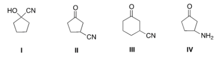 What is the structure for 3-cyanocyclopentanone?   A)  I B)  II C)  III D)  IV