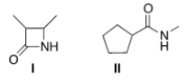 Which of the following two amides will react more readily with a nucleophile? Why?   A)  I, because it is less hindered B)  II, because it is less hindered C)  I, because it is more strained D)  II, because it is more strained